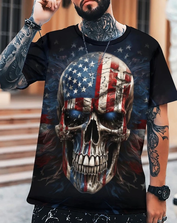 Popular Men's T Shirts Flag With Skull Graphic 3 D Print Crew Neck Short Sleeve Casual T- Shirt For Men Clothes - Image 2